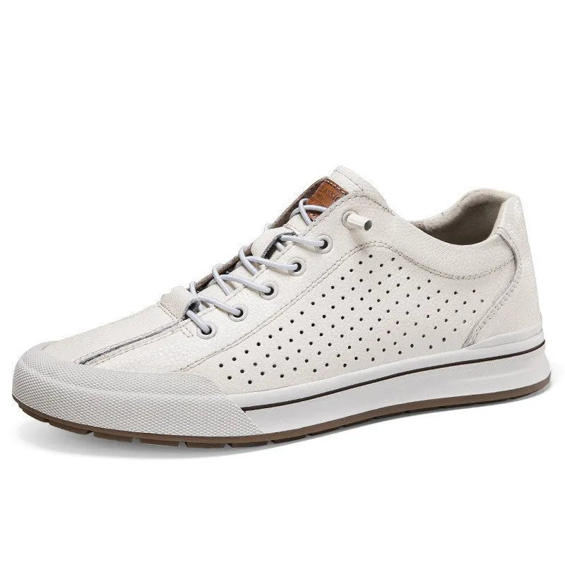 Men's white and black leather casual shoes with flat heel and round toe in multiple seasonal variations