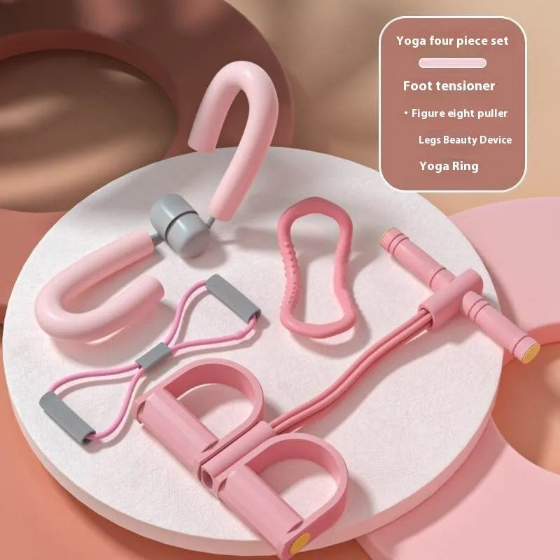 Yoga four piece fitness set showing leg beauty device, yoga ring, pedal tensioner, and figure eight tension rope.