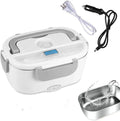 Grey electric heating lunch box with stainless steel inner tank and dual power cord for car and home use