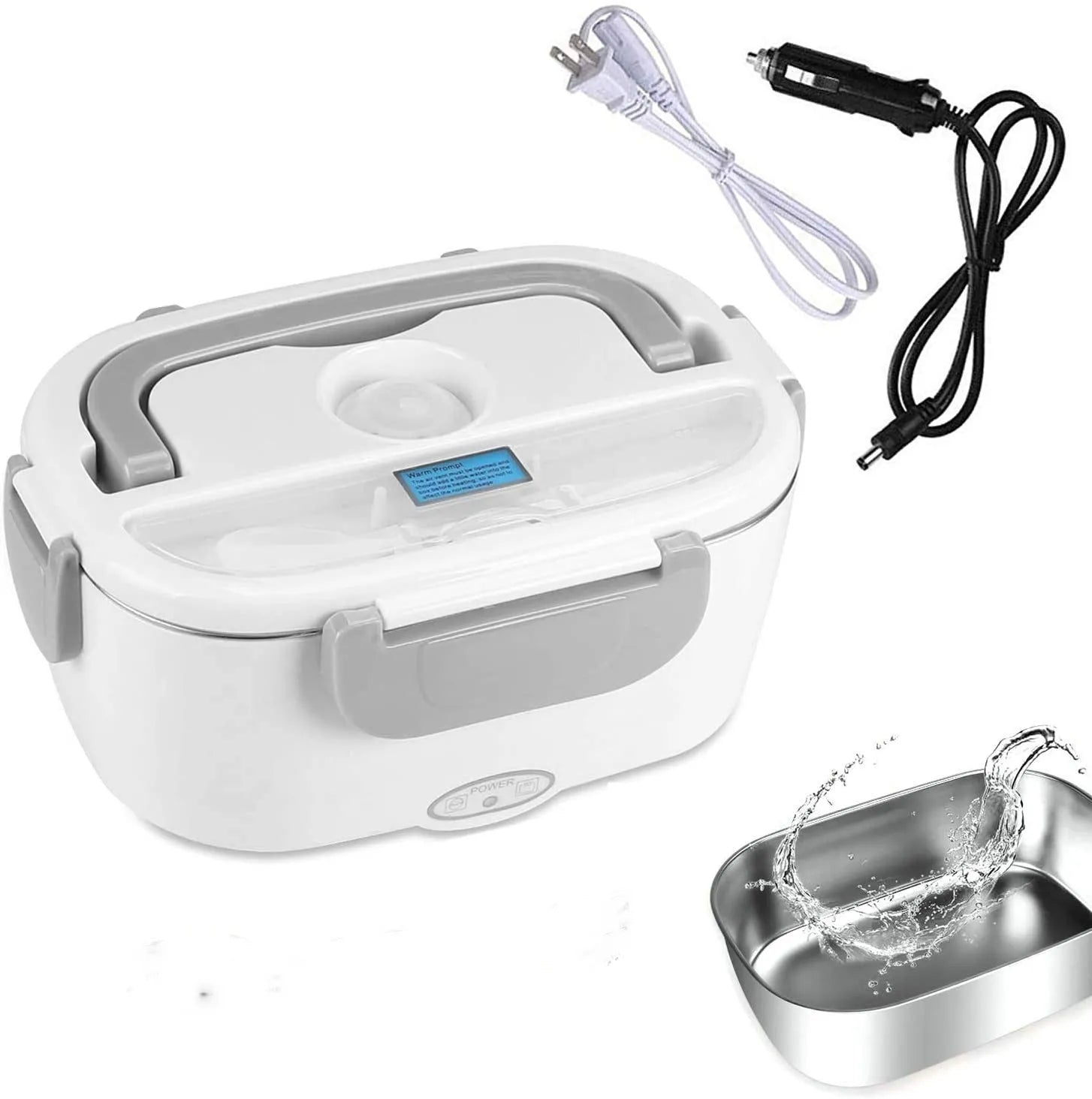 Grey electric heating lunch box with stainless steel inner tank and dual power cord for car and home use