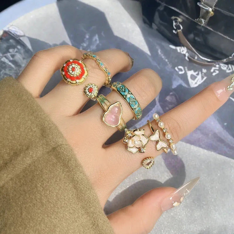 Adjustable women's gourd ring with zircon inlay in oil dripping vintage colours on copper base