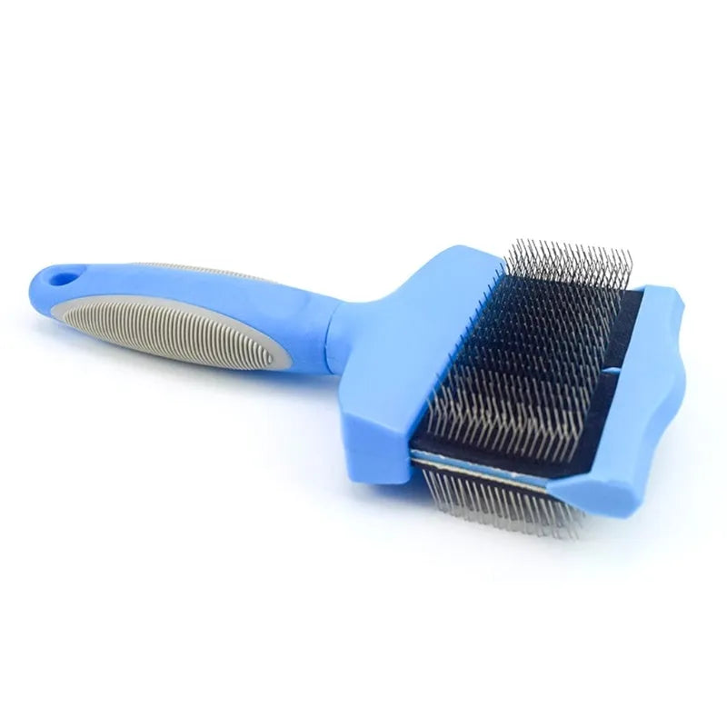 Blue double sided pet brush for dogs with stainless steel pins on a white background