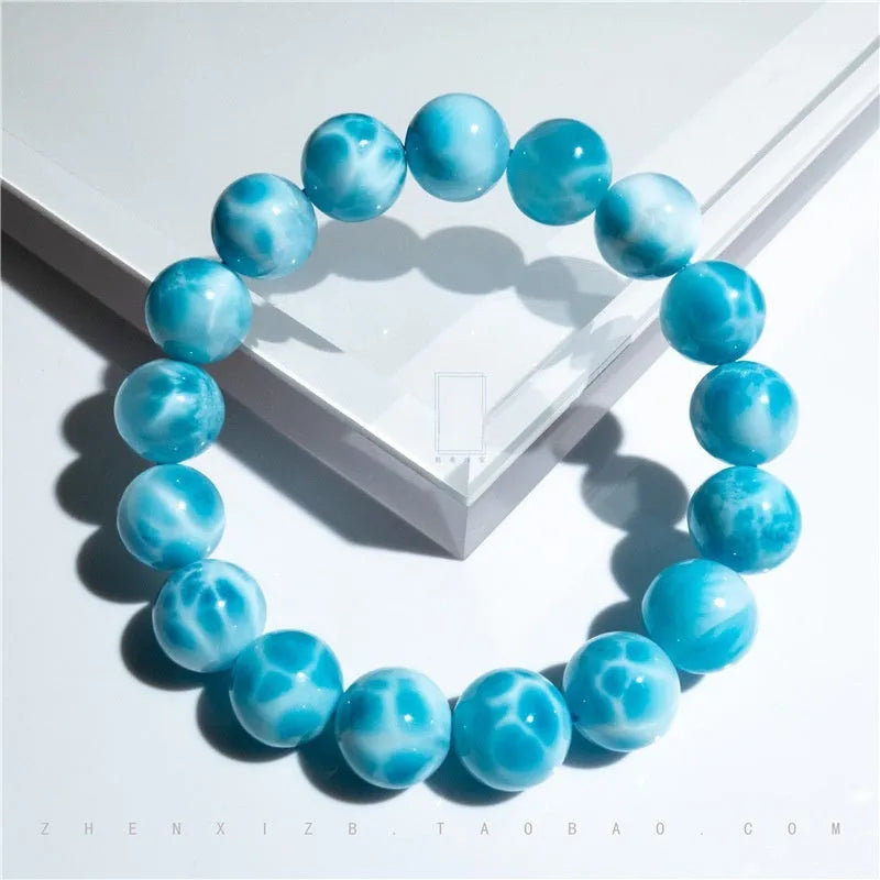 A blue sea-pattern stone and pearl bodhi bracelet in Maillard style, shown in various sizes from 6mm to 14mm.