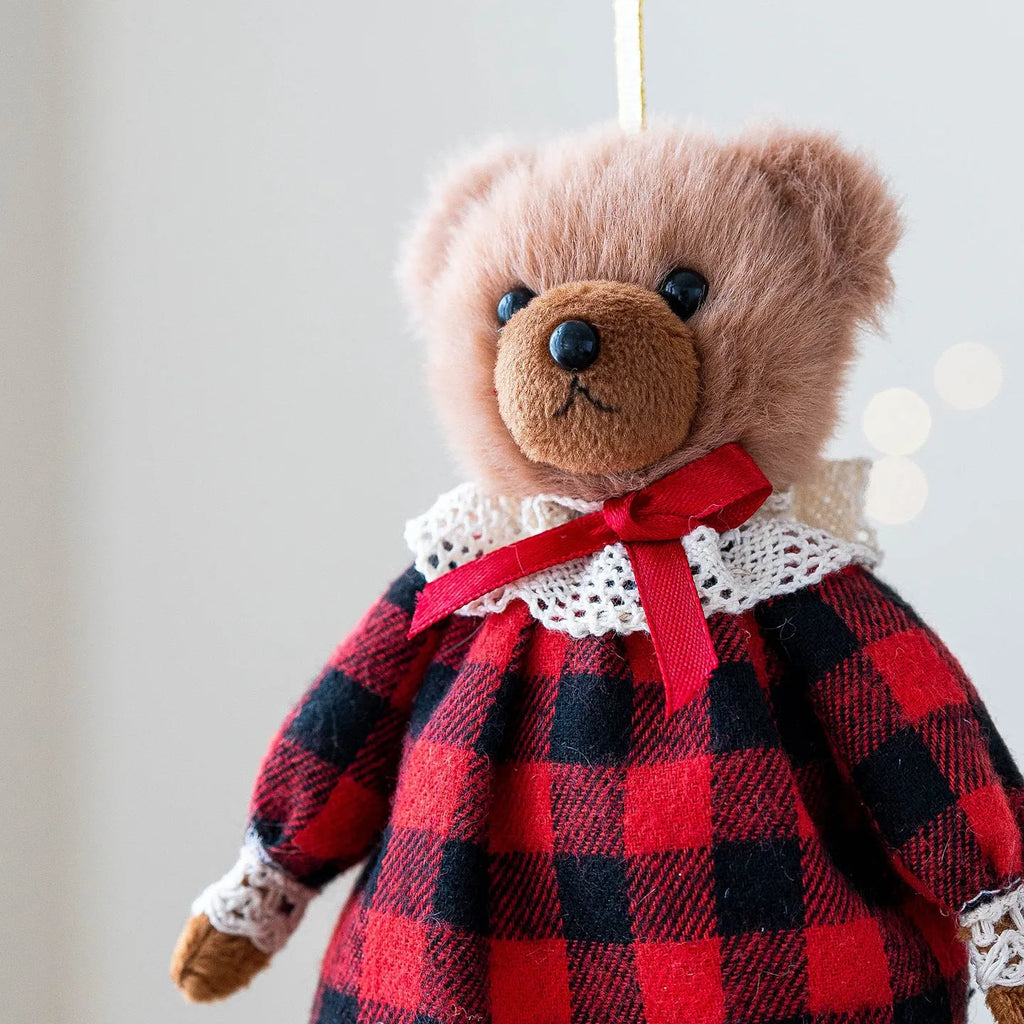 Couple plush bear dolls wearing cotton plaid outfits, princess bear and gentleman bear cartoon characters