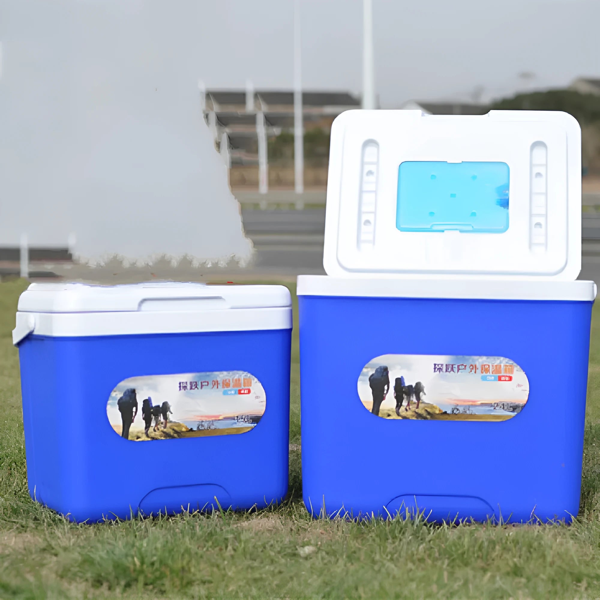 Blue insulated lunch box with aluminium foil interior, available in multiple capacity sizes.