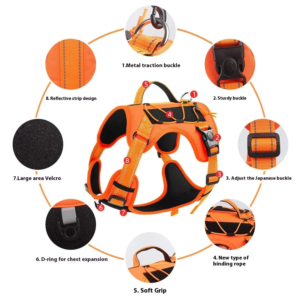 Orange reflective dog vest harness with integrated black hand-grip rope leash on a dog.