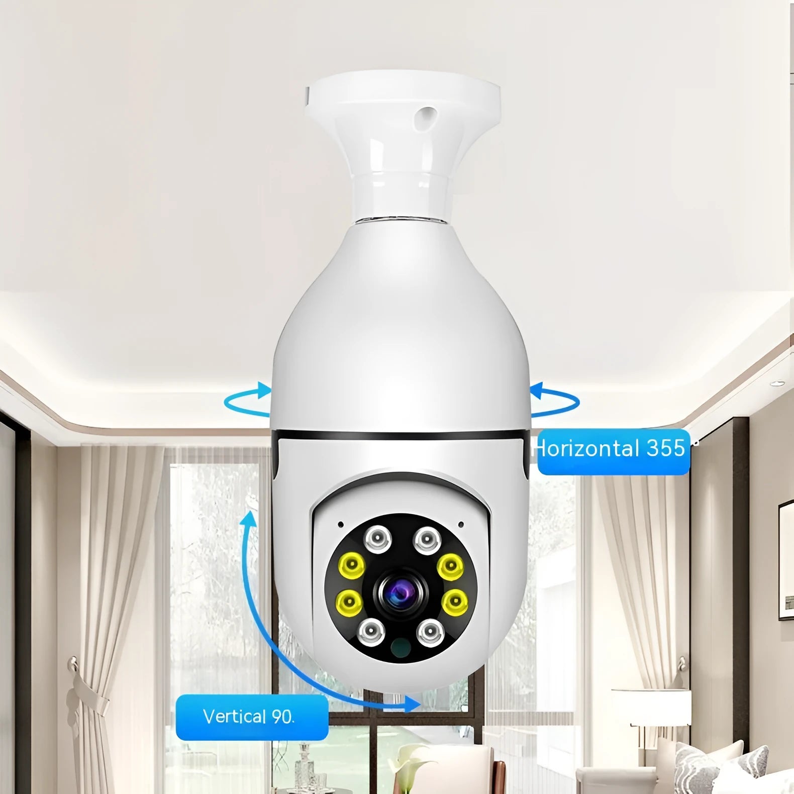 Wireless Wi-Fi bulb security camera with lamp holder base, showing compact 5cm by 12cm size.