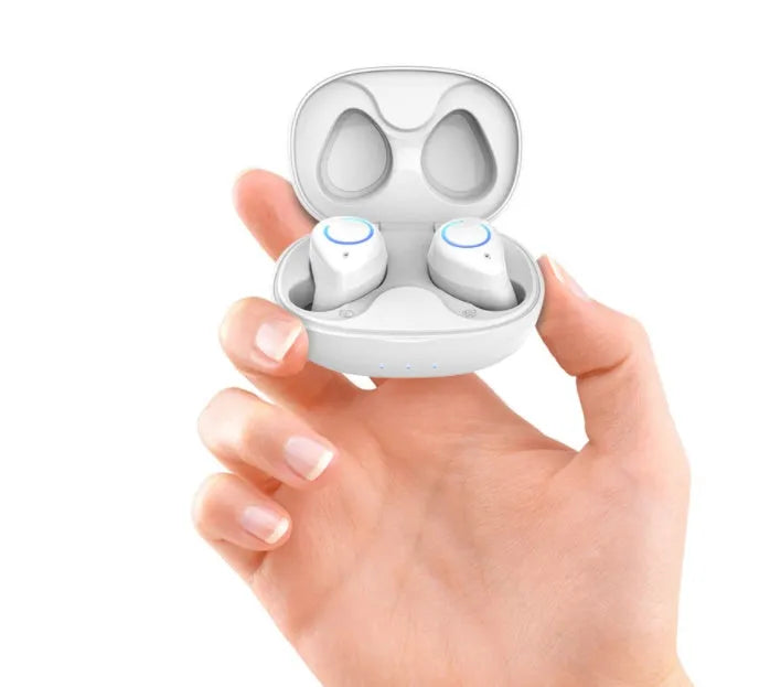 Black and white M18 true wireless in-ear Bluetooth headset with charging case.