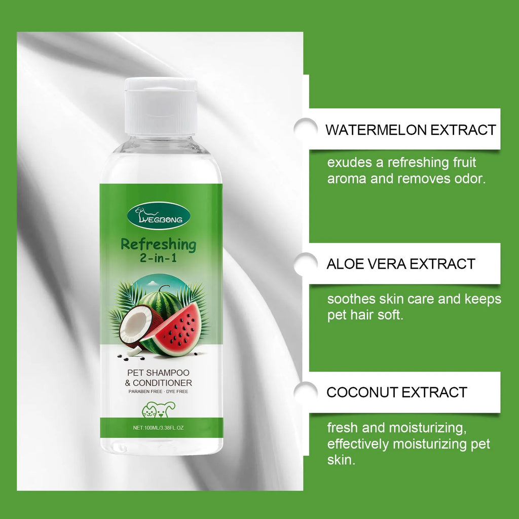 100ml pet 2-in-1 shampoo shower gel bottle with coconut and watermelon extracts for dogs cats