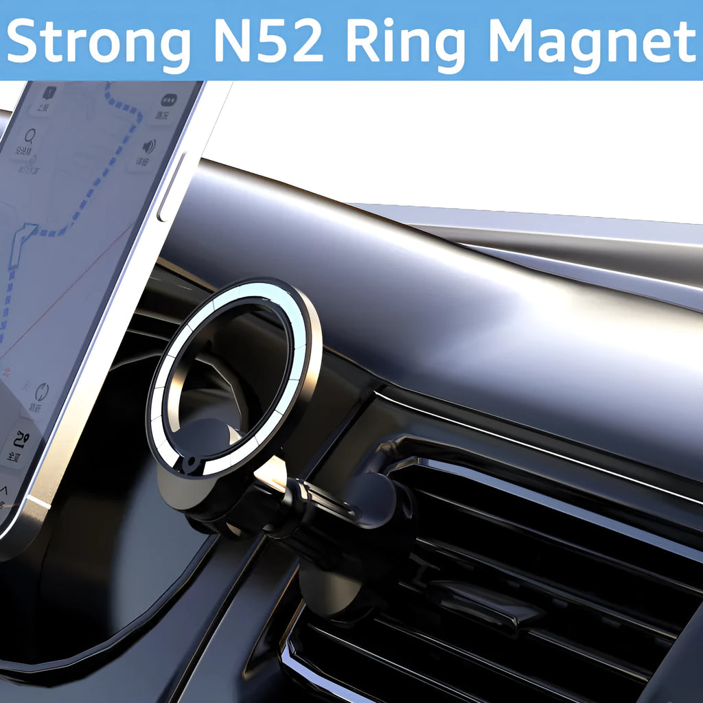 Black magnetic car air vent phone holder with O-ring clip for mobile phones up to 6.8 inches.
