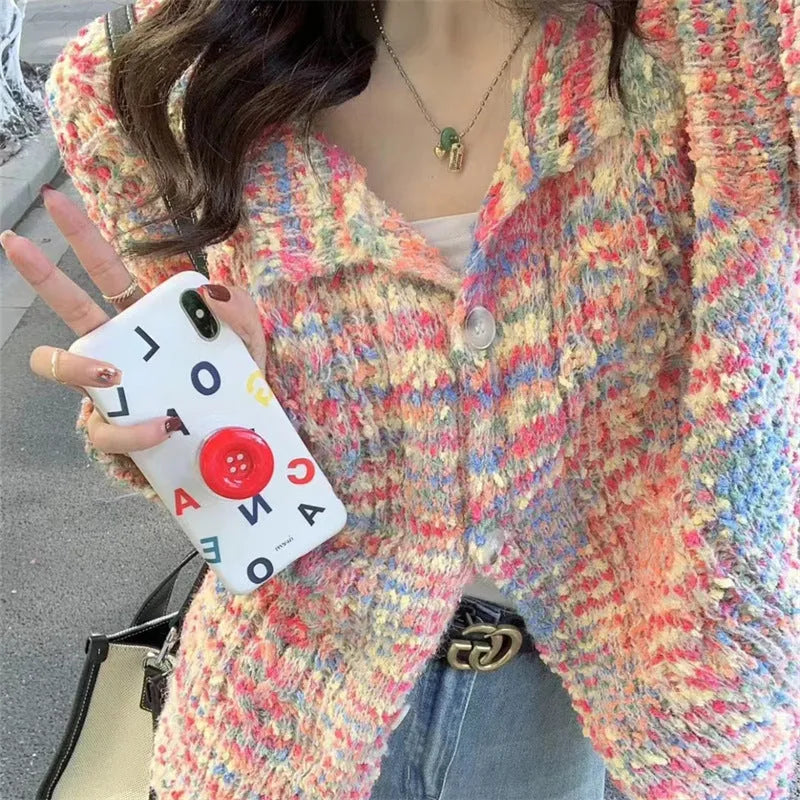 Retro rainbow pattern knitted cardigan sweater in pink and green ice cream colours