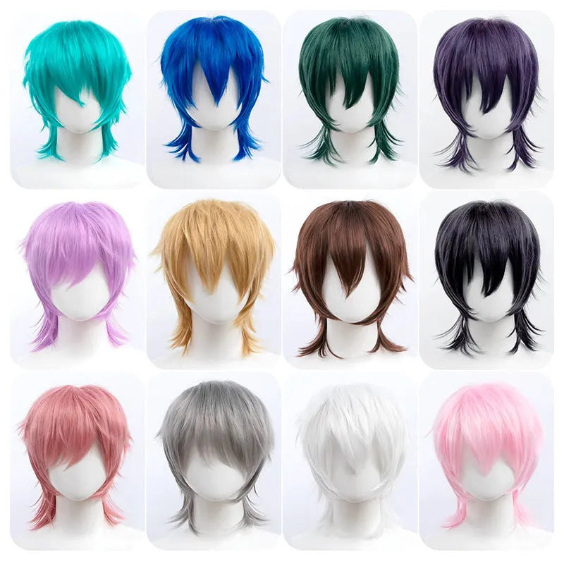 Short anime-style cosplay wig with a lengthened hair tail on a display stand.