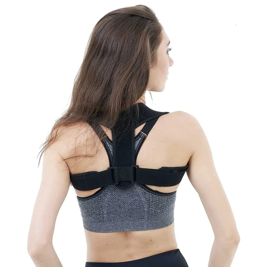Black adjustable posture correction strap with elastic materials and shoulder pads