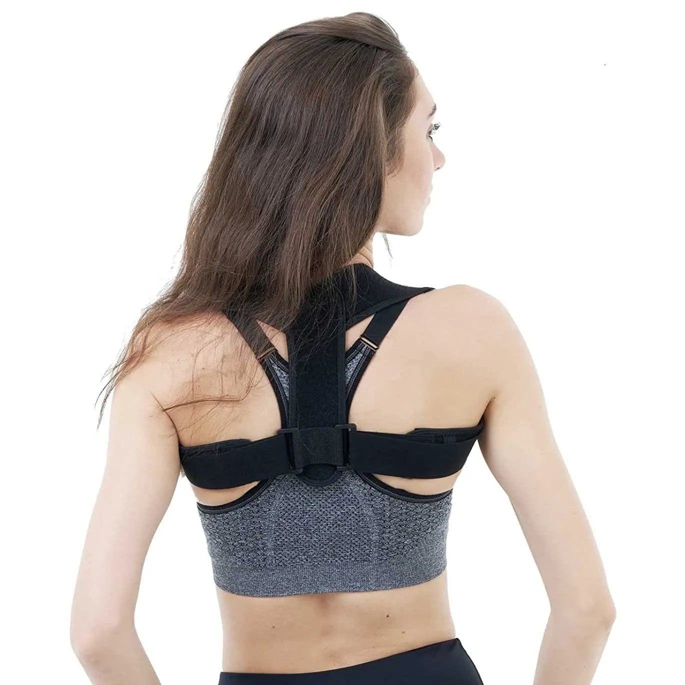 Black adjustable posture correction strap with elastic materials and shoulder pads