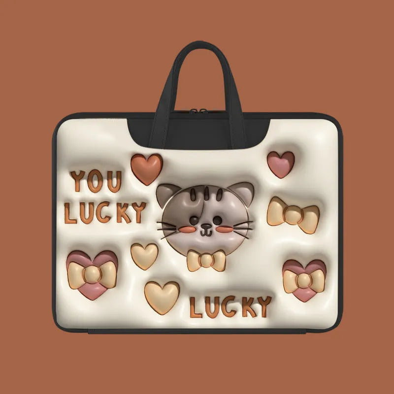 Inflatable laptop bag in a cute panda design with a strap for attaching to a suitcase handle.