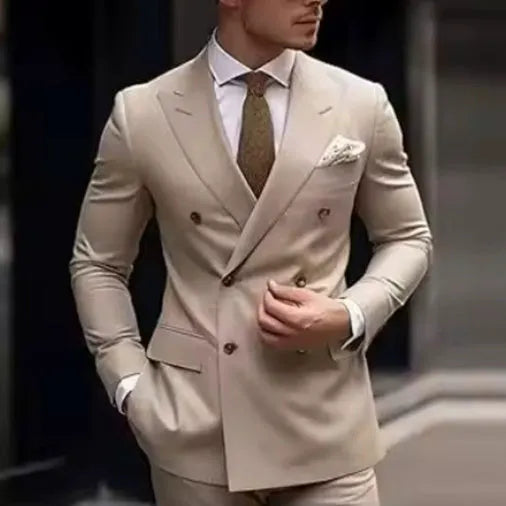 Men's grey slim fit two-piece business suit with jacket and trousers