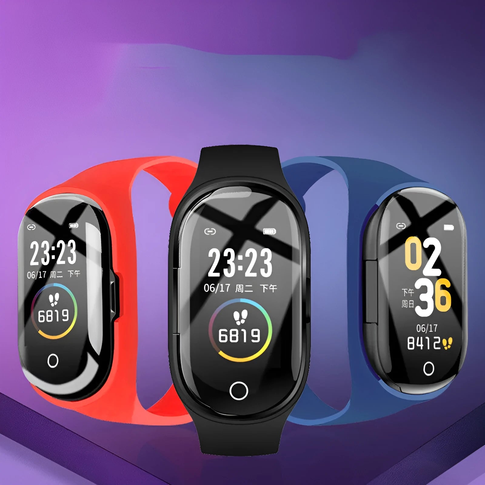 Smart bracelet and Bluetooth earphone combination device with silicone wristband in blue, black or red