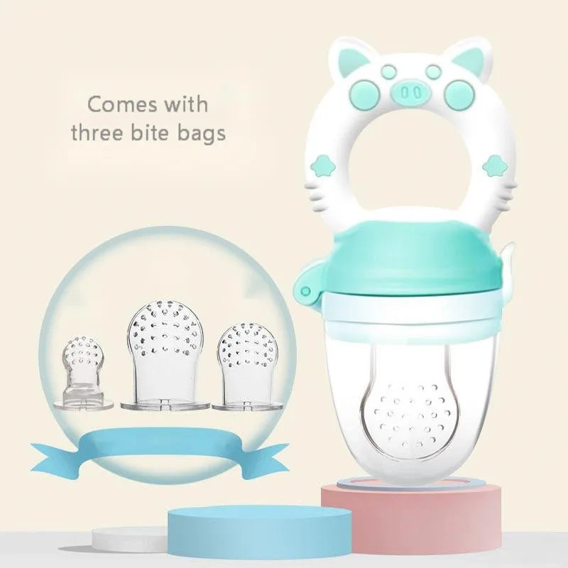 Silicone baby teether chew toy in blue, green, or pink colours with textured mouthpiece design