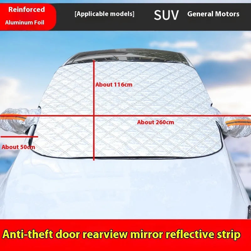 Aluminium foil front windshield car cover with reflective edge stripes and magnets for SUV winter protection