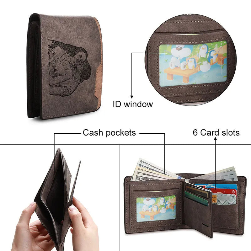 Coffee coloured engraved PU leather short wallet showing personalised photo engraving, front view.