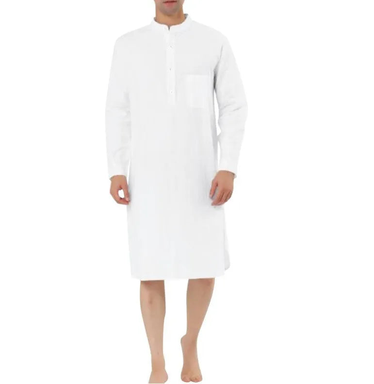 Men's button-front cotton shirt robe in light blue with side pockets on a hanger.