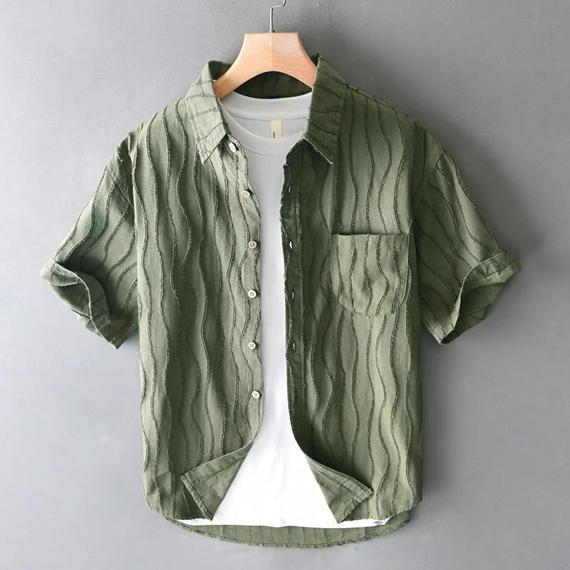 Men's pure cotton short sleeve casual shirt in apricot colour with loose fit Japanese style