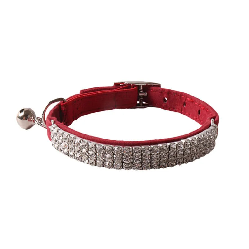 Flocked elastic buckle cat collar with drill decoration in assorted colours.