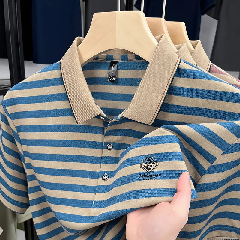 Men's striped casual short sleeve t-shirt in mosaic pattern available in red, blue, or green colours