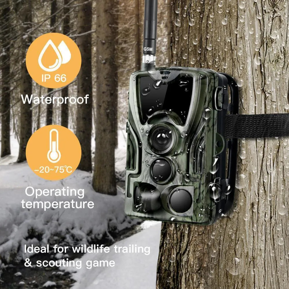 Green cellular trail camera with display screen, infrared LEDs and mounting bracket for outdoor wildlife monitoring