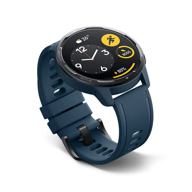 Dual-band GPS smart watch with 1.43-inch screen in black, white, or blue colour with silicone strap.