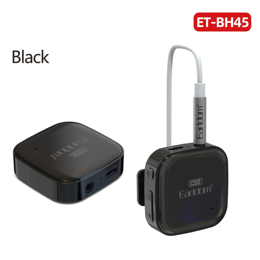 Black Bluetooth audio receiver with lavalier microphone for wireless calls and music.