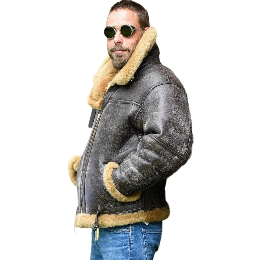Men's brown retro western style synthetic leather fur coat with straight hem