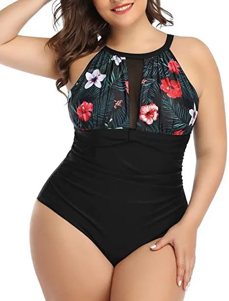 Women's black lace one-piece swimsuit with red floral and striped pattern options.