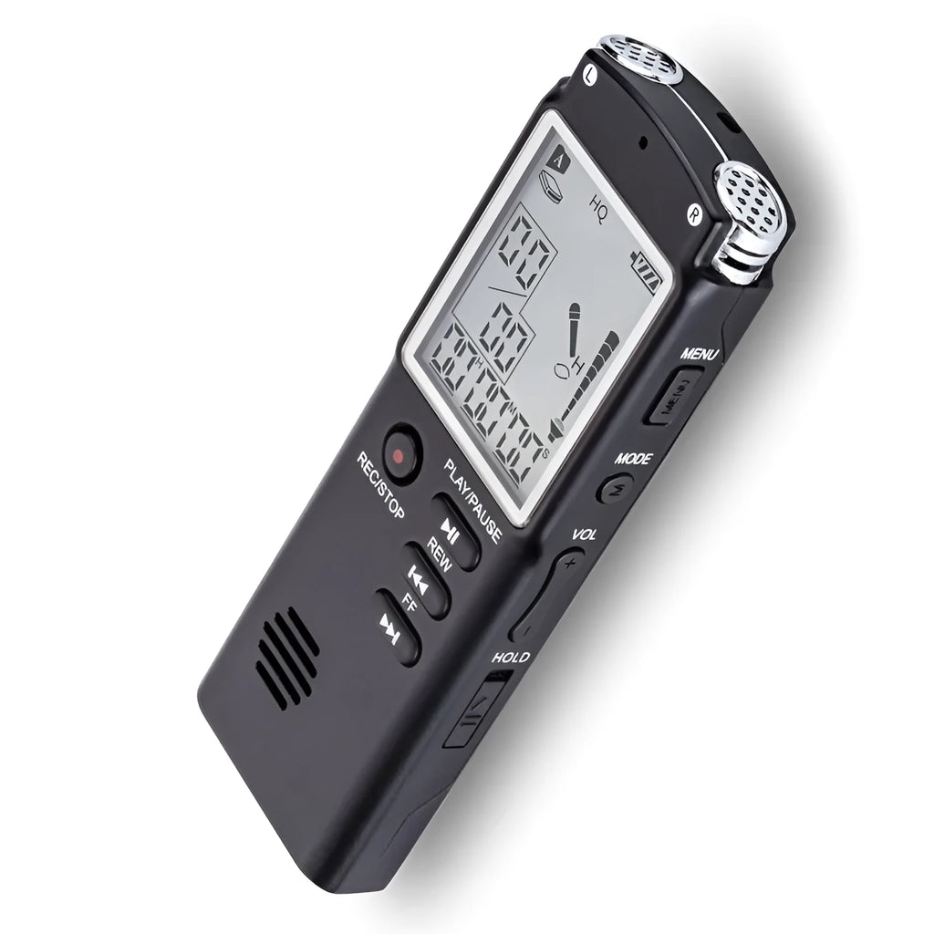 USB digital voice recorder with external microphone connection, compact black recording device