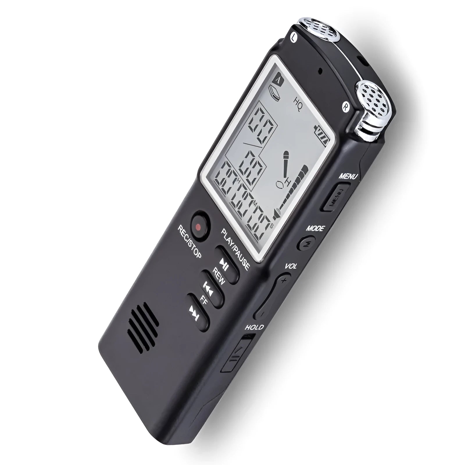 USB digital voice recorder with external microphone connection, compact black recording device