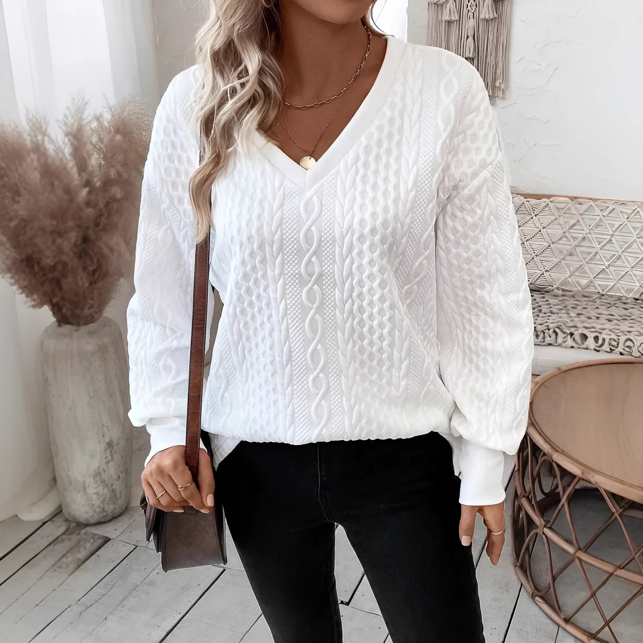 Milky white loose fit long sleeve T-shirt with 3D pattern design in polyester fabric