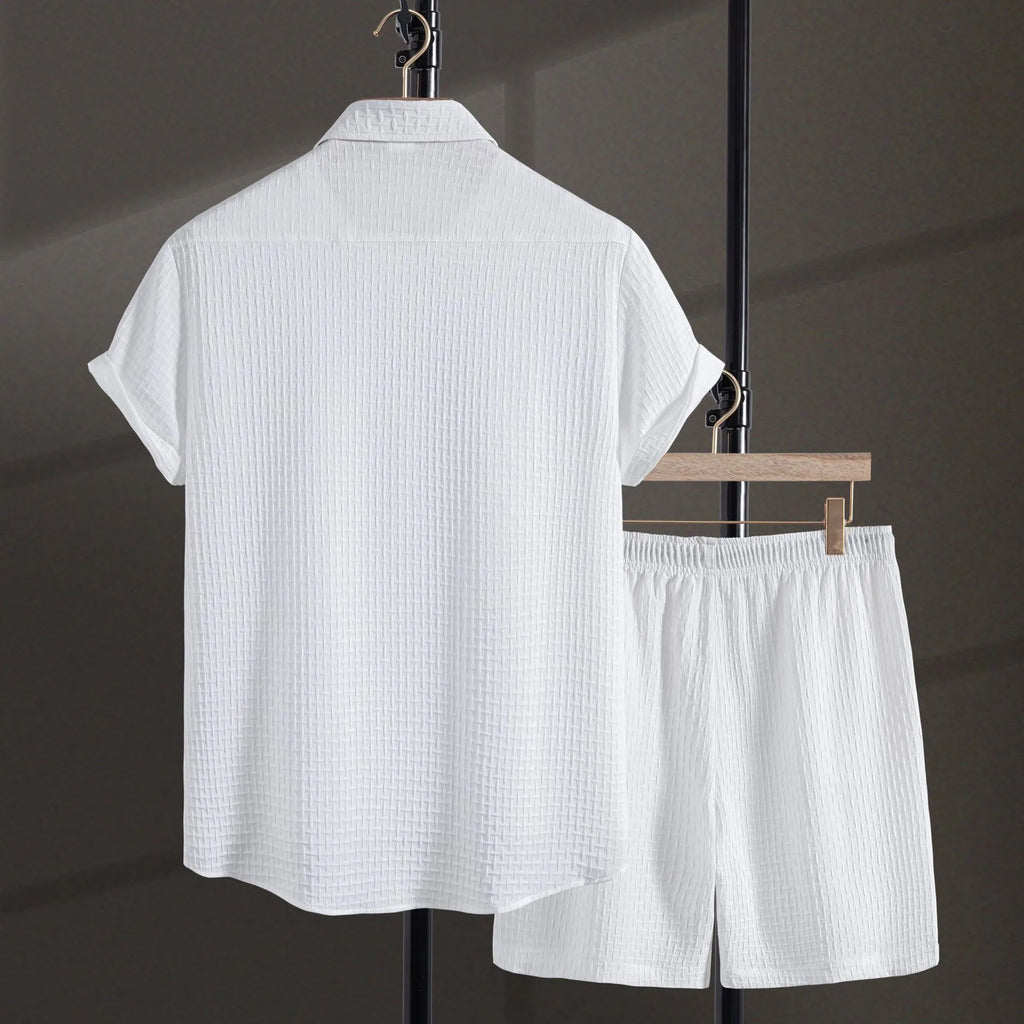 Men's white cotton blend short sleeve shirt and shorts casual summer suit set.