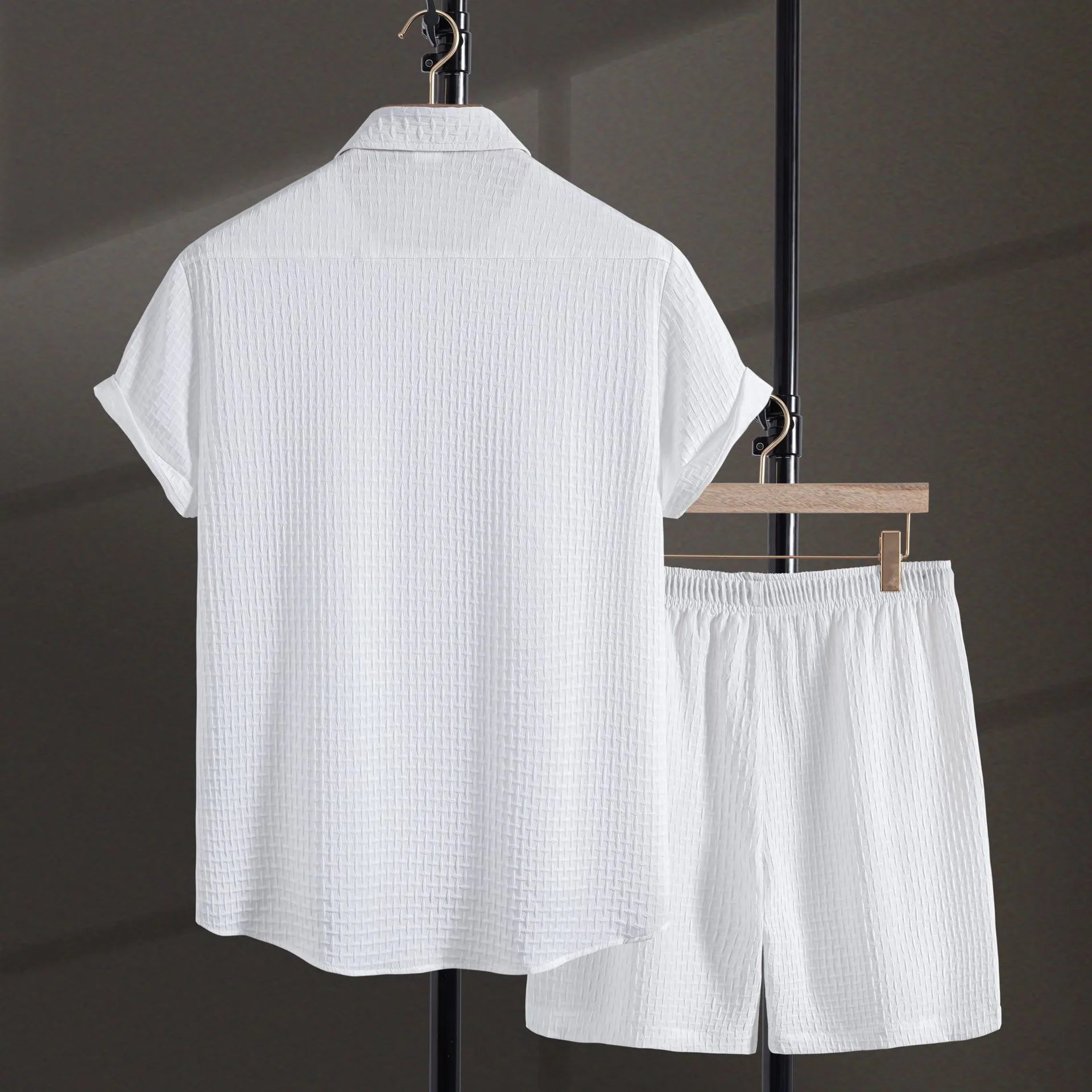 Men's white cotton blend short sleeve shirt and shorts casual summer suit set.