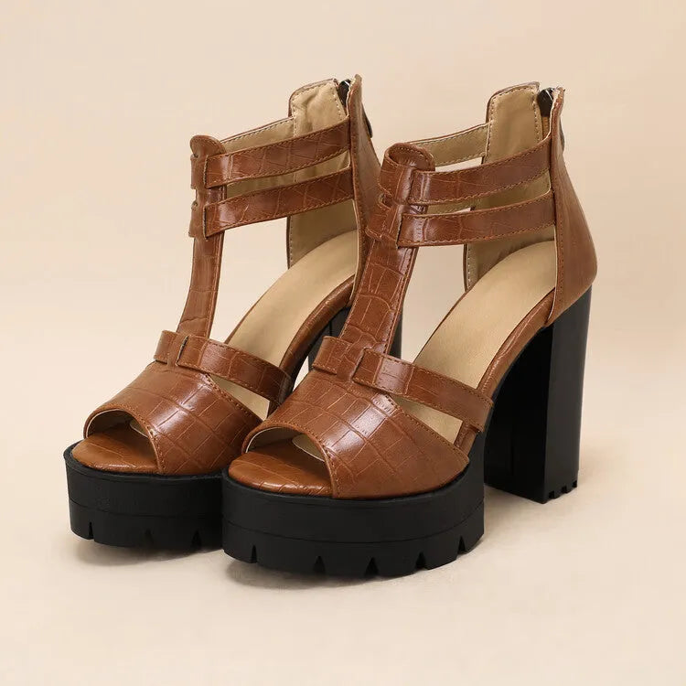 Women's black platform high heel sandals with a back zip, round toe, and a rubber sole.