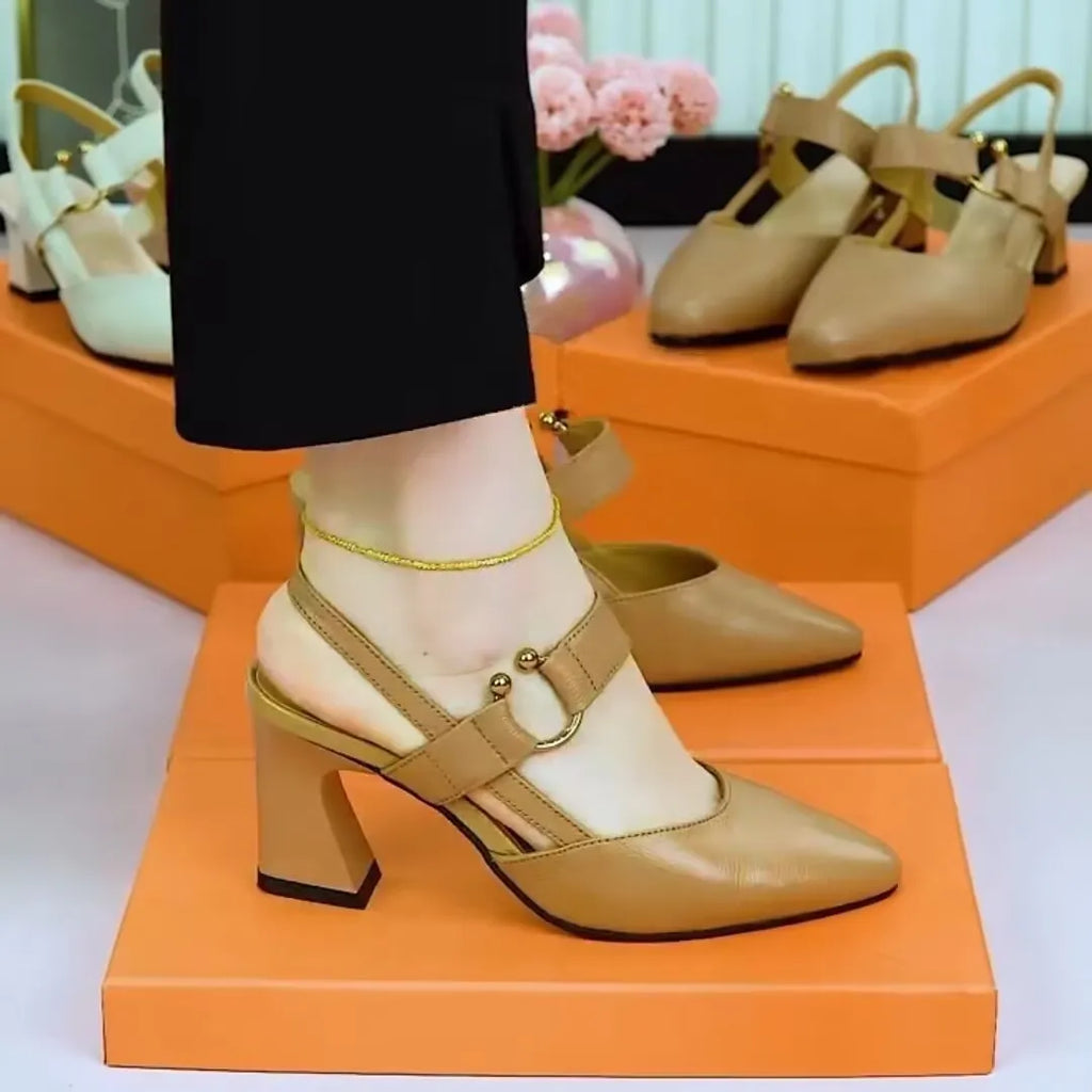 Women's black pigskin leather sandals with a closed toe, back, and a chunky block heel on a rubber sole.