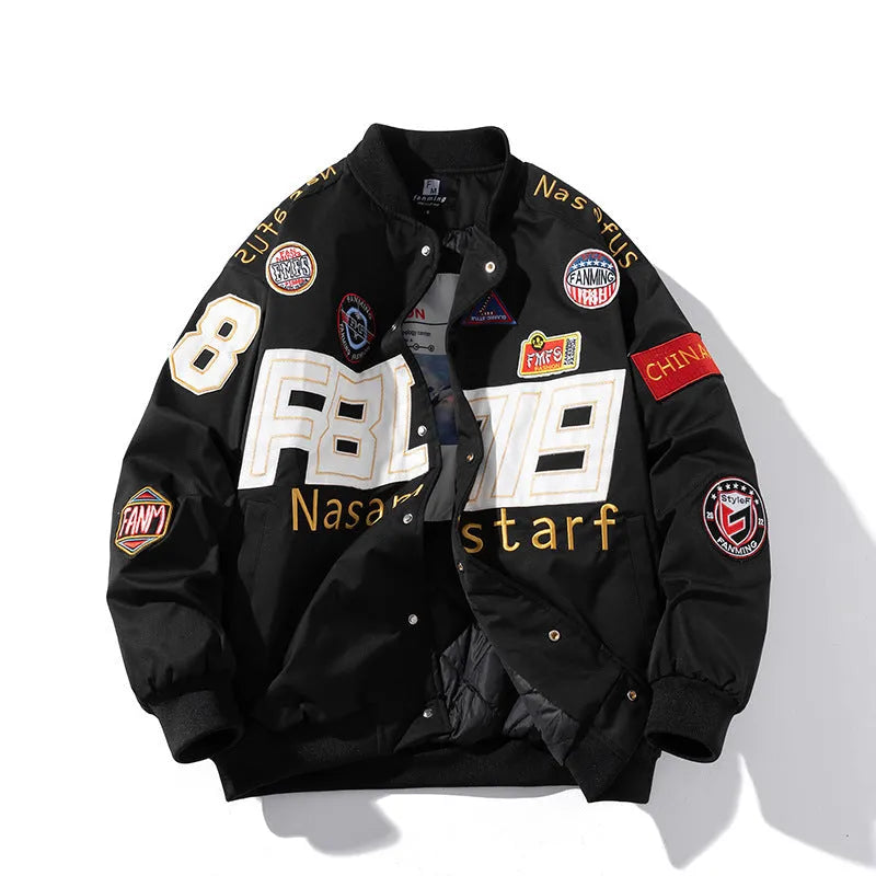 American motorcycle baseball uniform in black with removable hood and side pockets