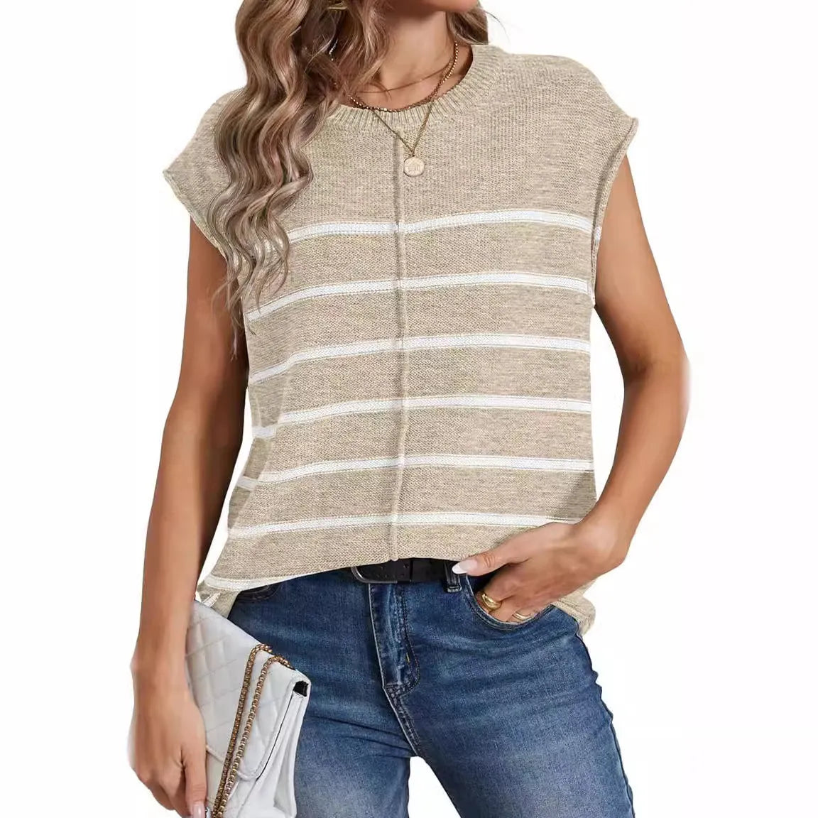 Women's striped sleeveless pullover vest in acrylic fabric with bone stitching detail