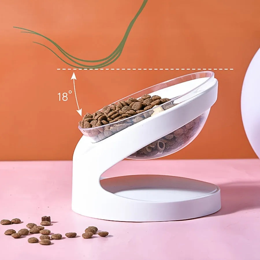 White elevated plastic cat food bowl with clear dish on a tilted stand