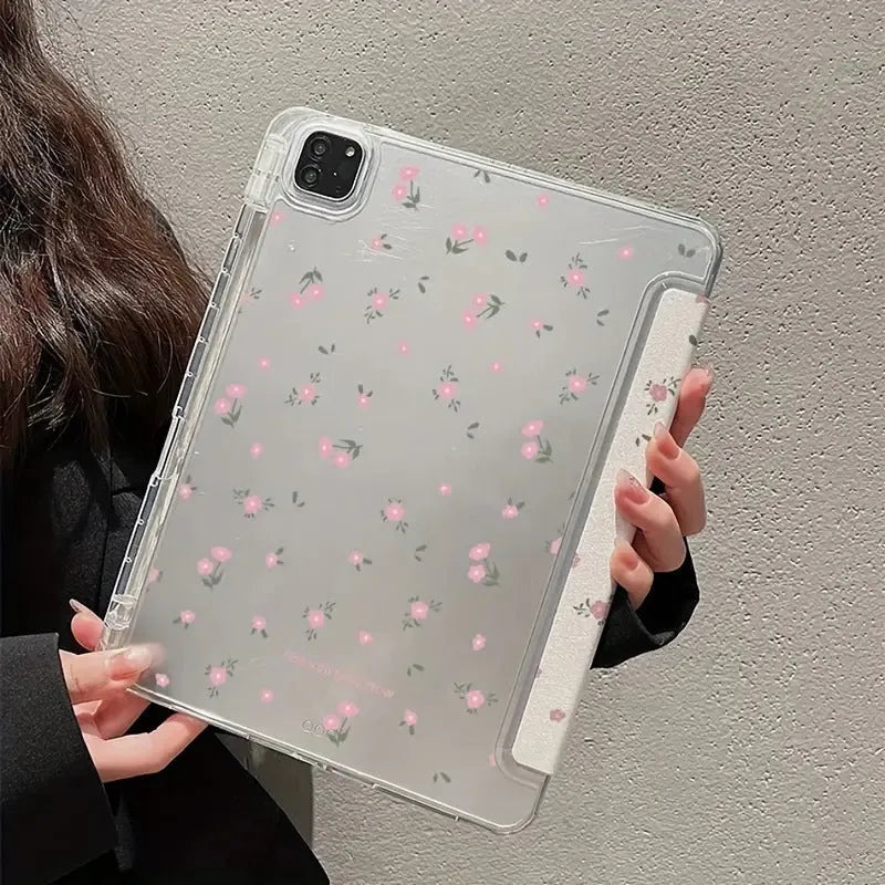 Transparent floral tri-fold iPad protective case showing magnetic stand functionality for Apple tablet models