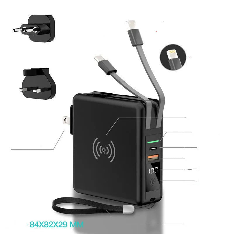 Black and white Super QI wireless charging power bank with built-in plug and international adapters.