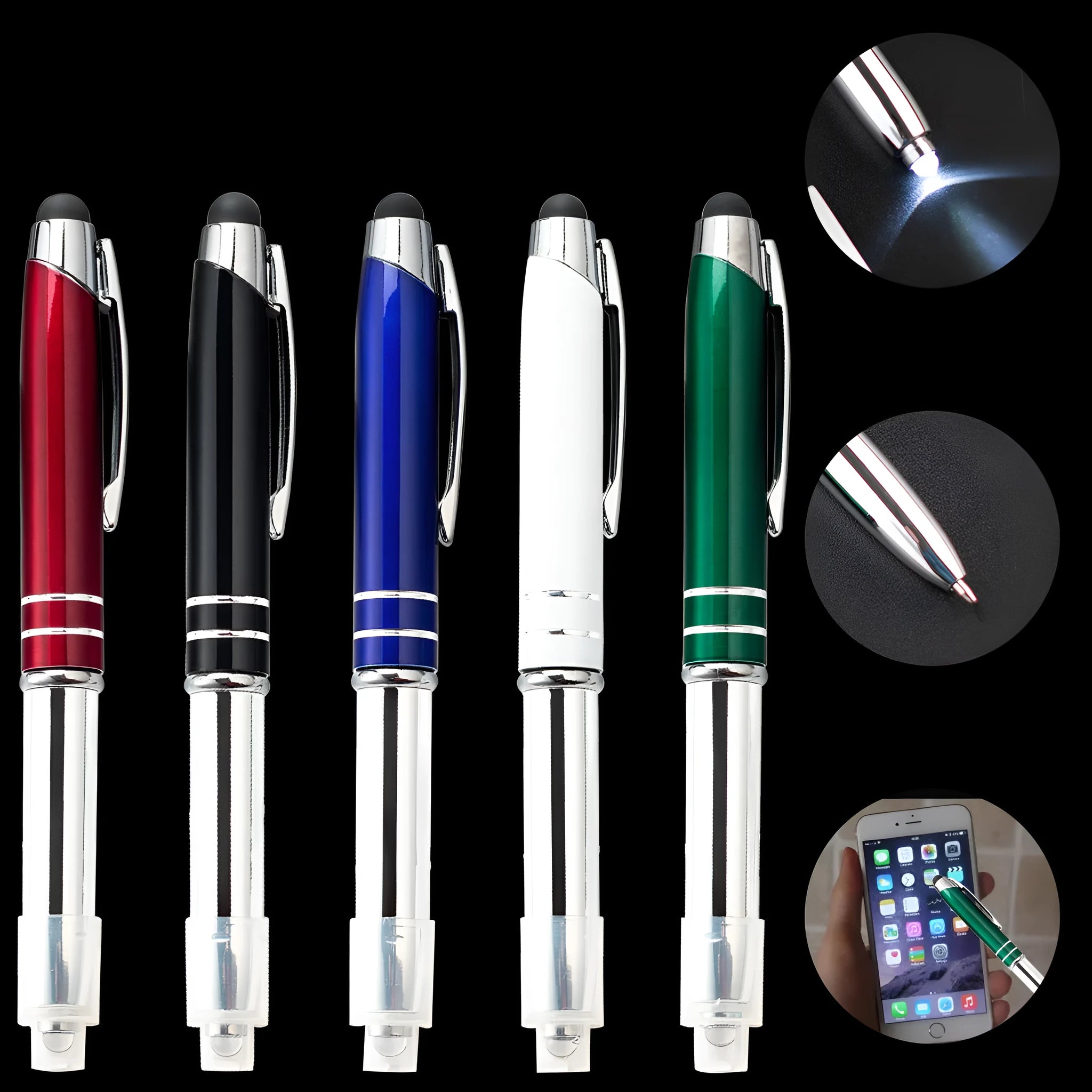 Red multifunctional metal ballpoint pen with capacitive stylus tip and LED light