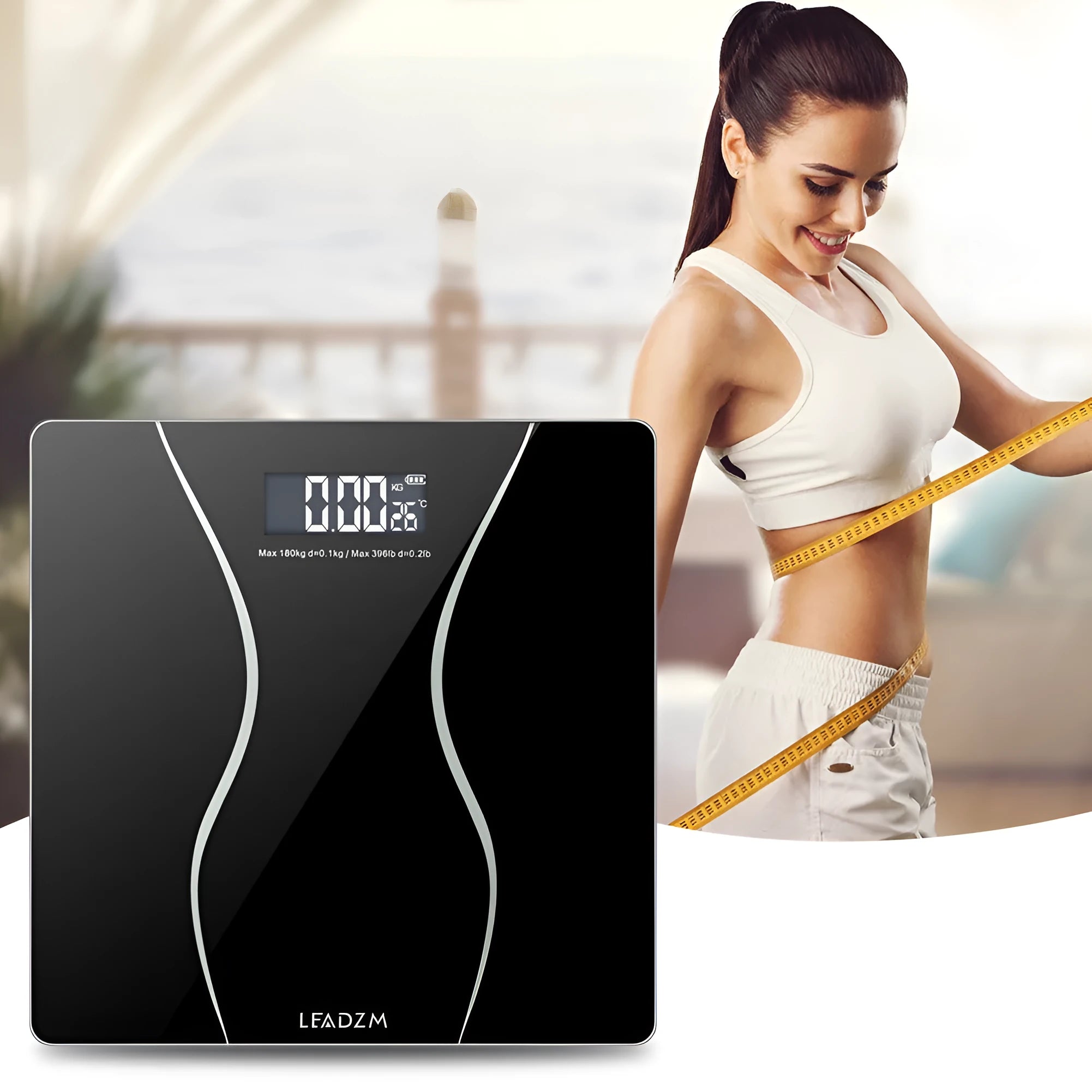 Black electronic digital bathroom scale on a bathroom floor