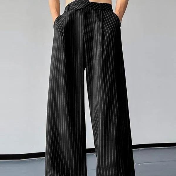 Black men's vertical striped pleated casual trousers with elastic waist