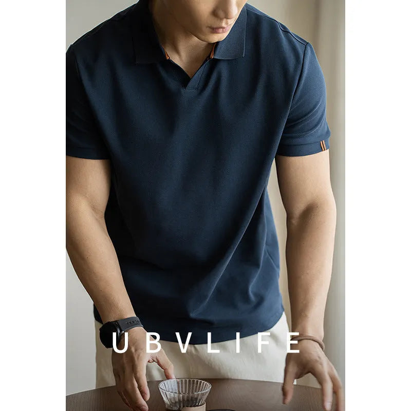American-style cotton blend short-sleeved polo shirt in blue on a hanger