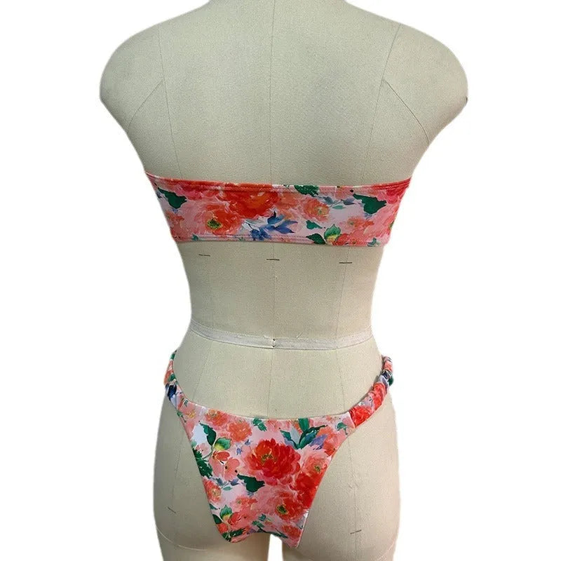 Women's floral print bikini set with lace trim tube top in blue colour